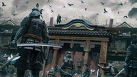 Epische Samurai-Krieger an den Burgtoren