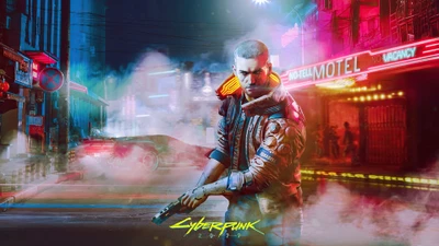 V em uma paisagem urbana cyberpunk iluminada por néon, posicionado com uma arma em meio a luzes vibrantes e caos urbano.