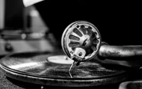 phonograph, phonograph record, wheel, monochrome, black and white