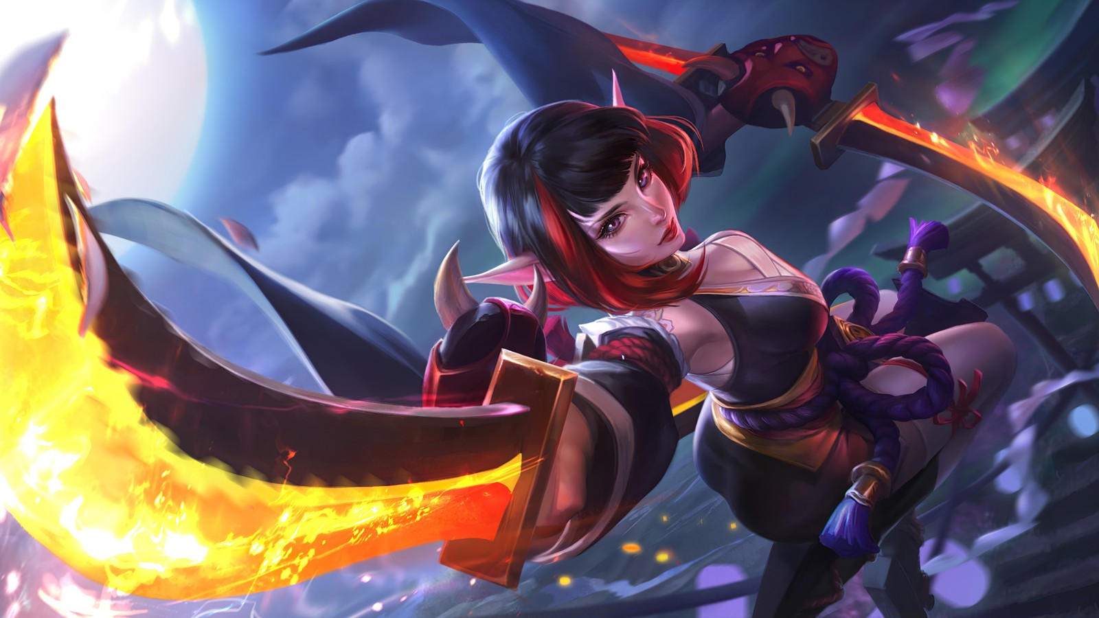 Une femme en tenue noire tenant une épée et du feu (karina, spider lily, peau, mobile legends, bang bang)