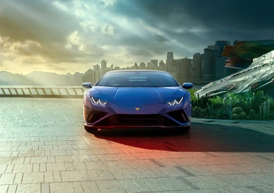 Éblouissant Lamborghini Huracan Evo RWD contre un arrière-plan de skyline dramatique, mettant en valeur un design élégant et des couleurs vives.