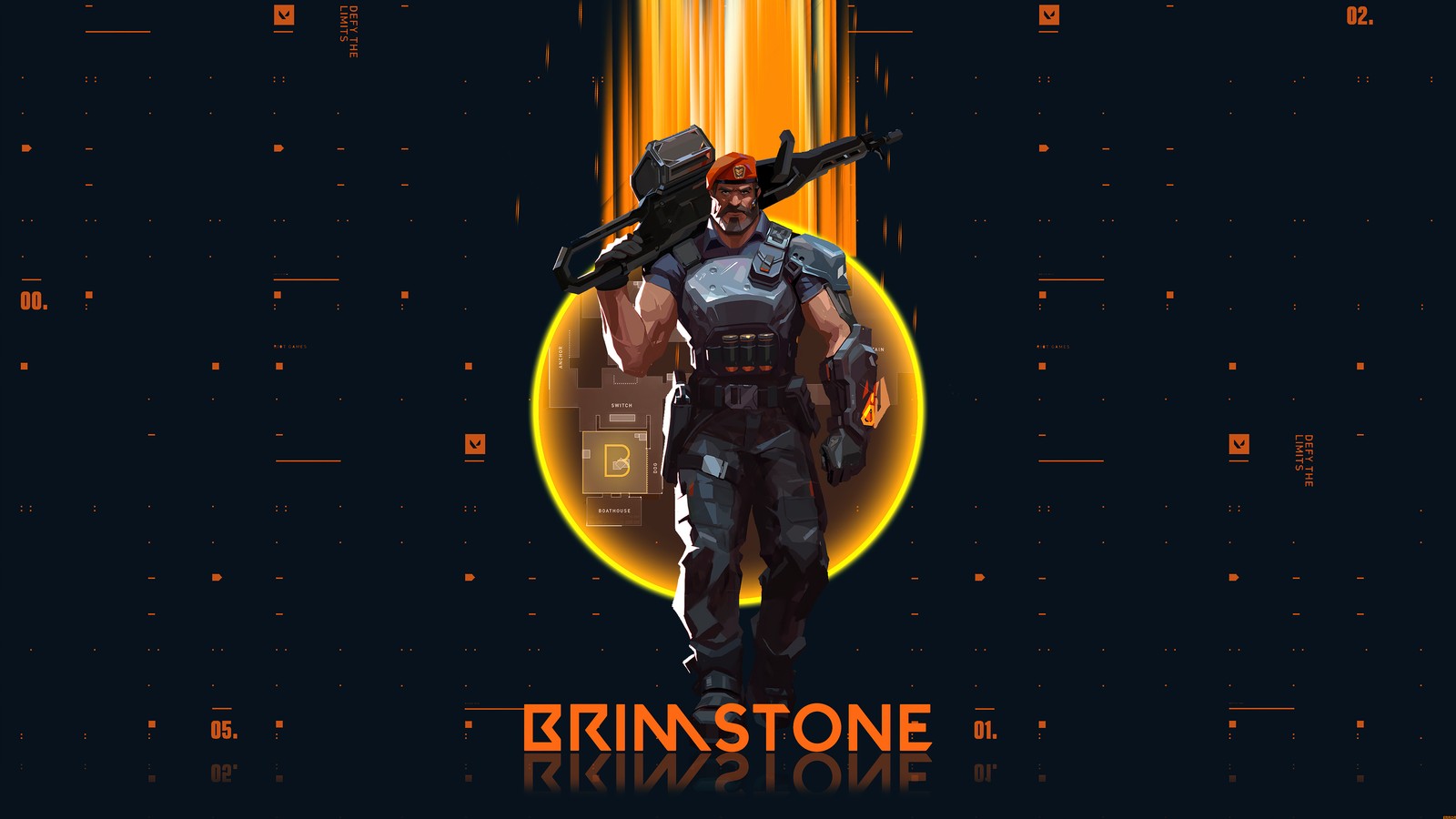 A man with a gun in his hand walking through a dark space (brimstone, valorant, video game)