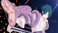 Sasuke Uchiha invoquant un serpent dans l'art de l'anime Naruto