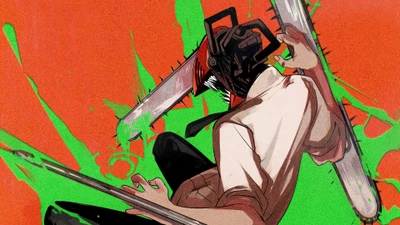 Denji de Chainsaw Man brandissant des tronçonneuses contre un fond vibrant et abstrait.