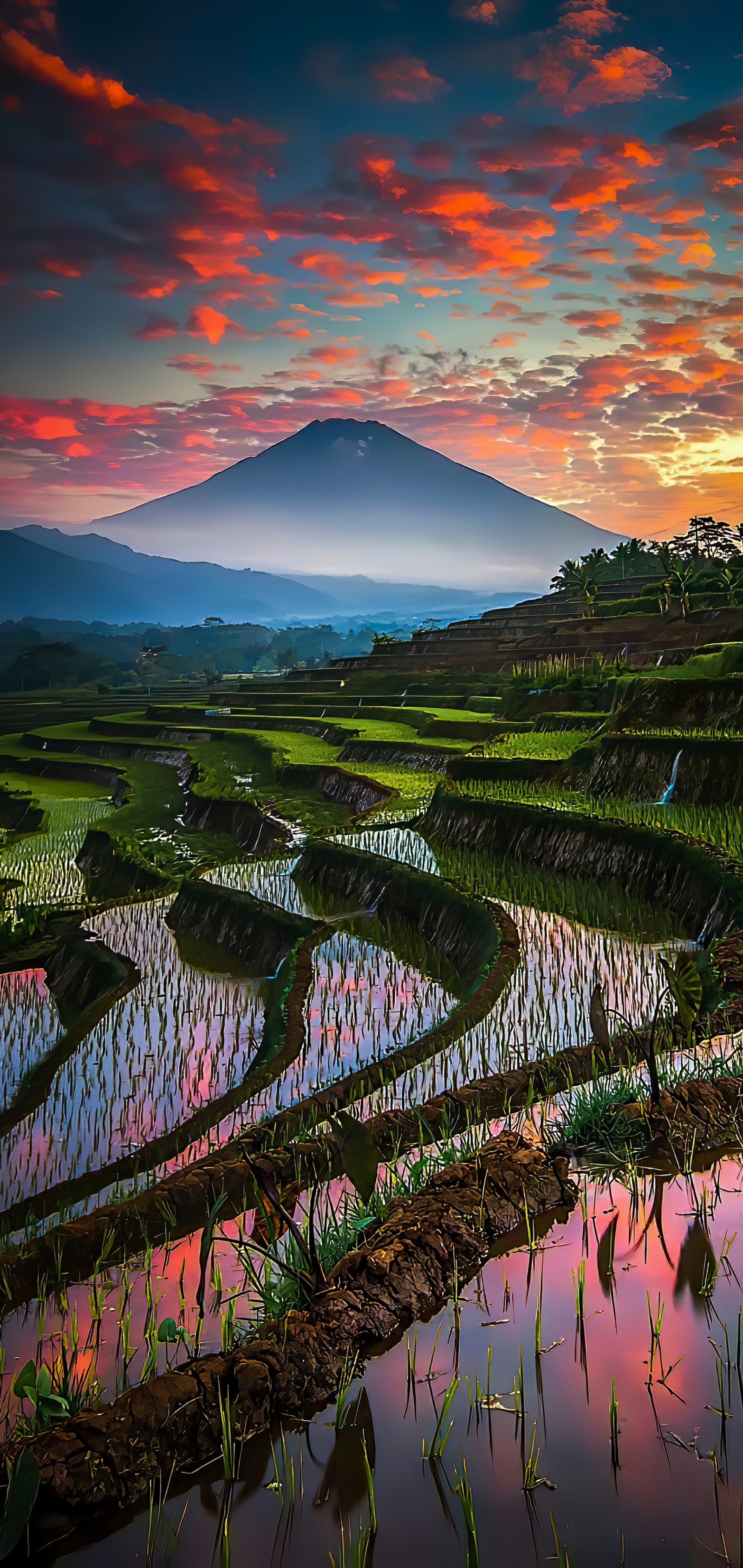 Vue éloignée d'une montagne au loin avec un lac au premier plan (bali, nuage, plante, montagne, paysage naturel)