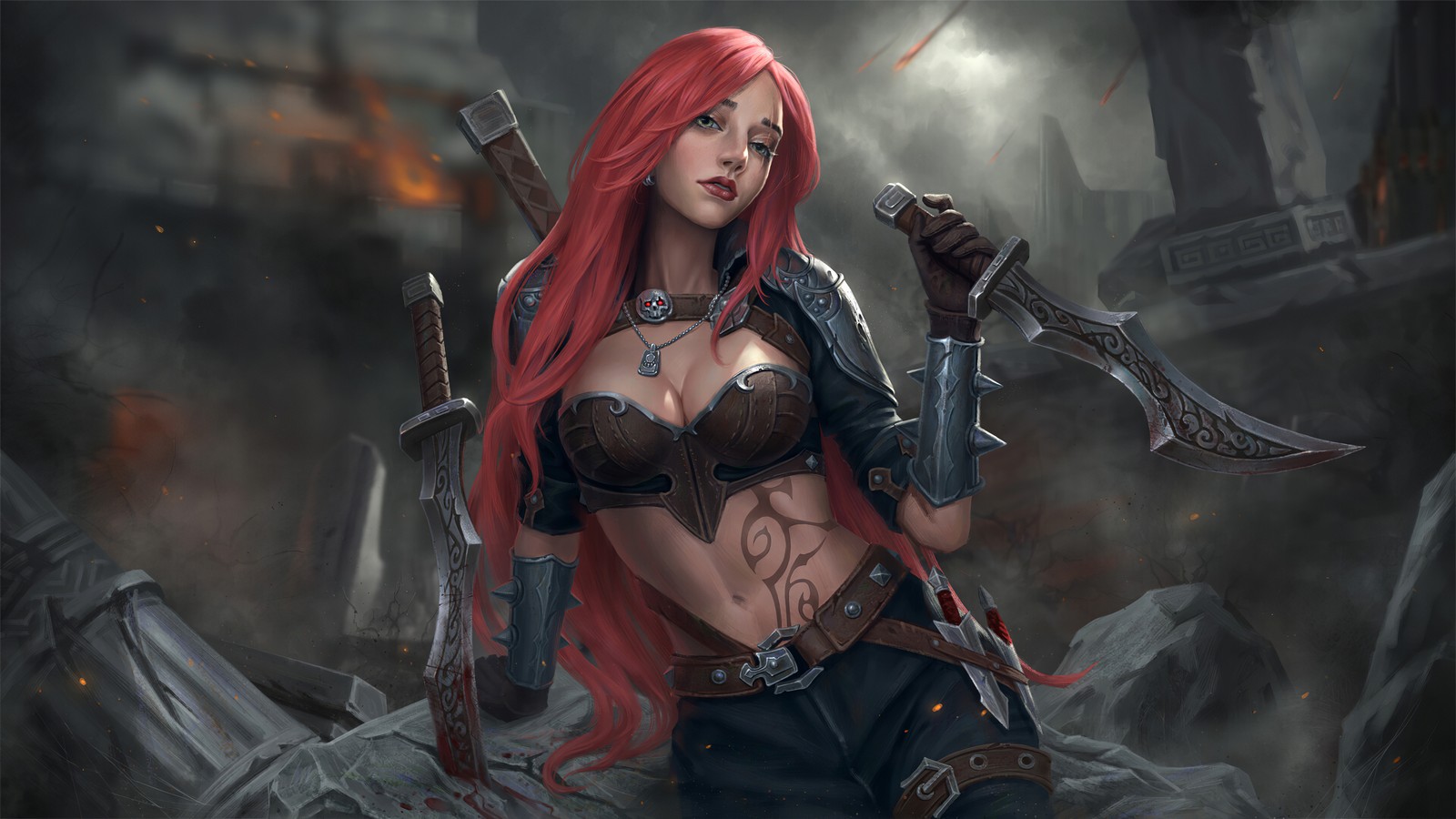 Une femme aux cheveux rouges avec une épée dans une grotte (katarina, lol, league of legends, jeu vidéo, filles)