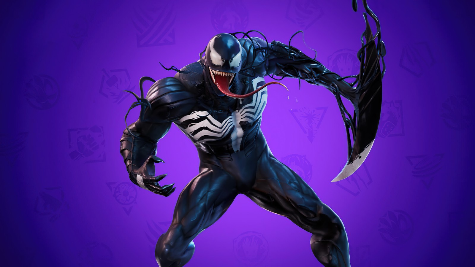 Venom en un traje negro con un fondo púrpura (fortnite, fondo morado, juegos, otros, fondo de pantalla 4k)