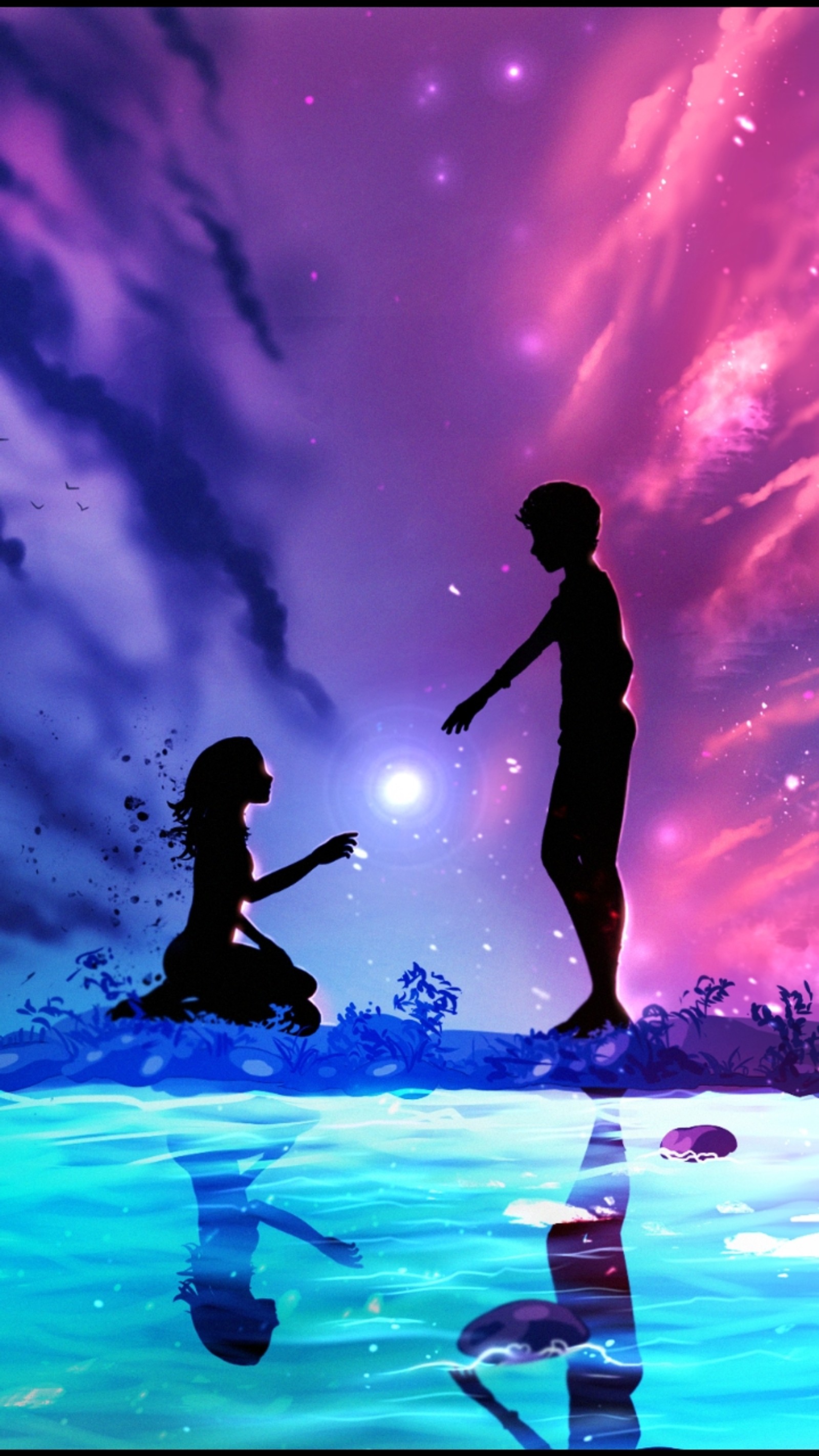 Un homme et une femme se tiennent dans l'eau (amour, anime)