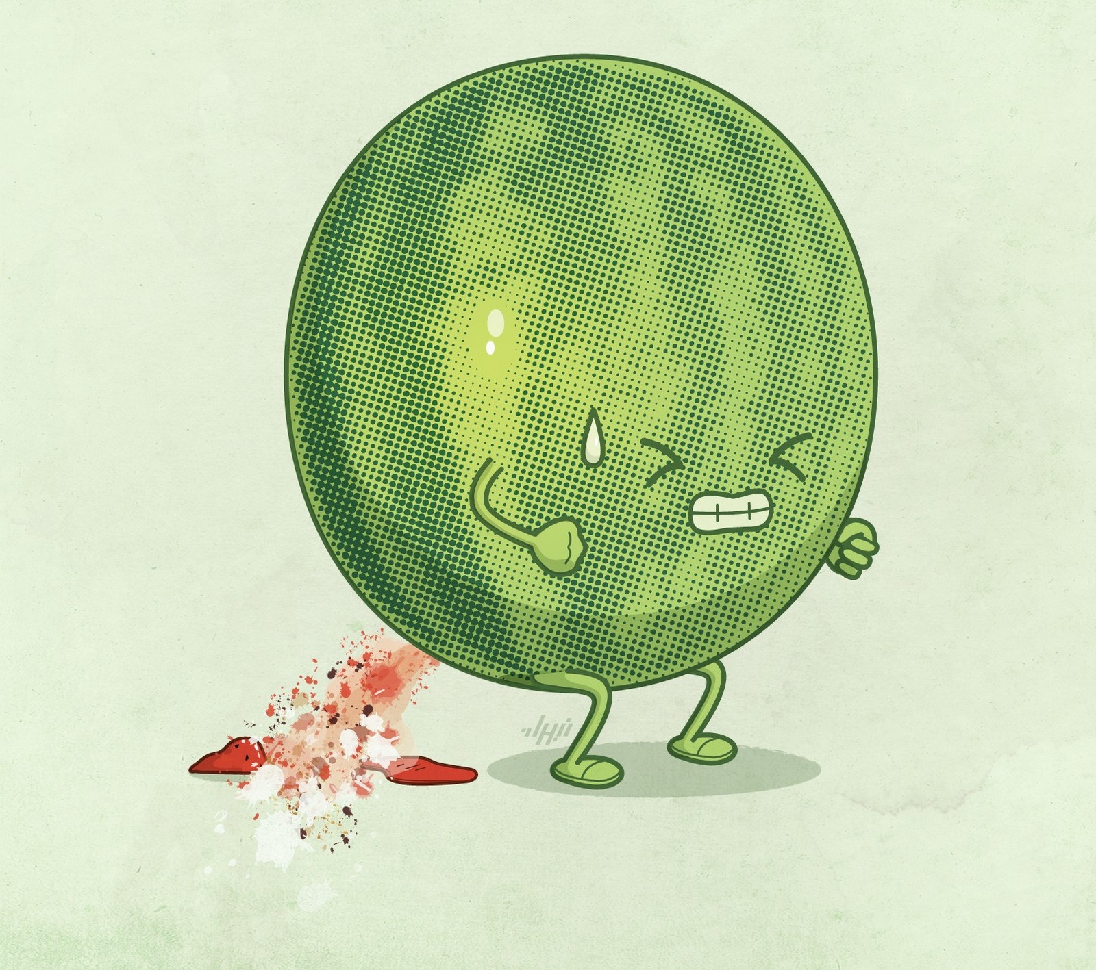 Illustration d'une pomme verte avec un visage ensanglanté et un couteau (des dessins animés, drôle, pastèque)