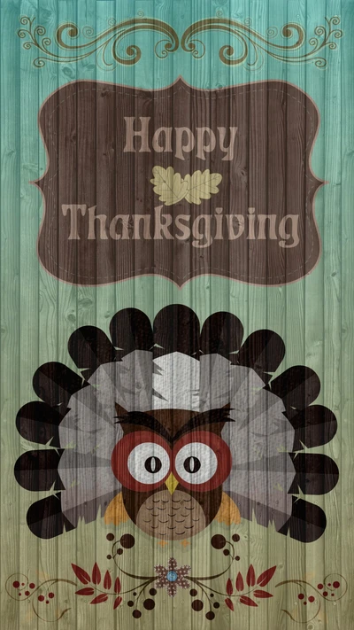 Thanksgiving Owl with Feathered Turkey Design on Wooden Background