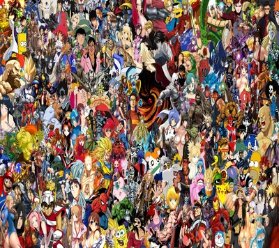 Un collage vibrant de personnages de dessins animés divers provenant de divers anime, bandes dessinées et jeux vidéo.