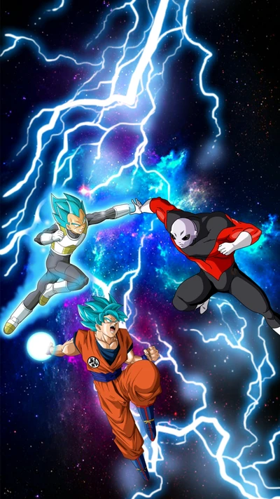 Conflit épique de pouvoir : Goku, Vegeta et Jiren au milieu du chaos cosmique