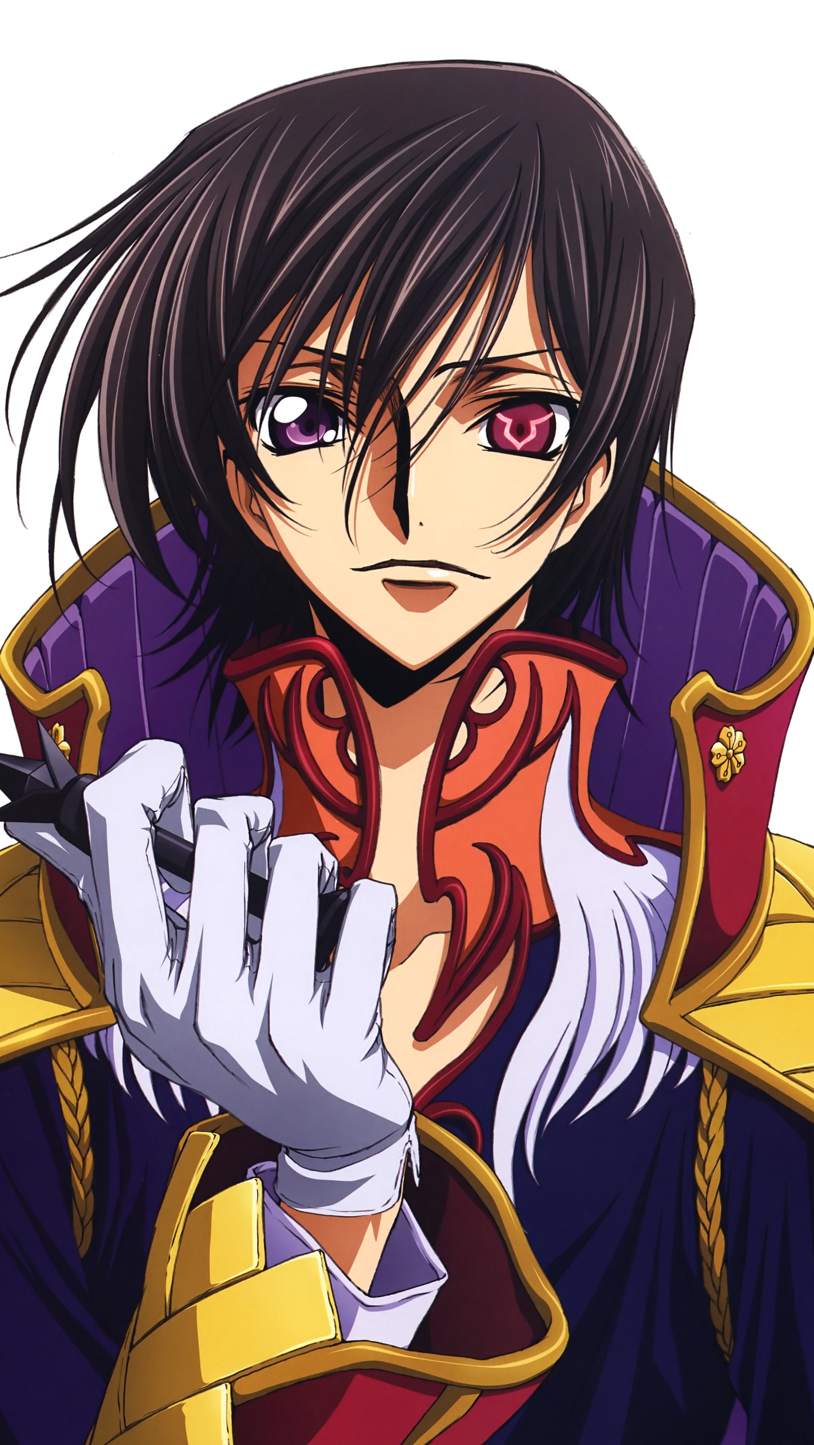 A close up of a person in a purple coat with a red eye (anime, code geass)