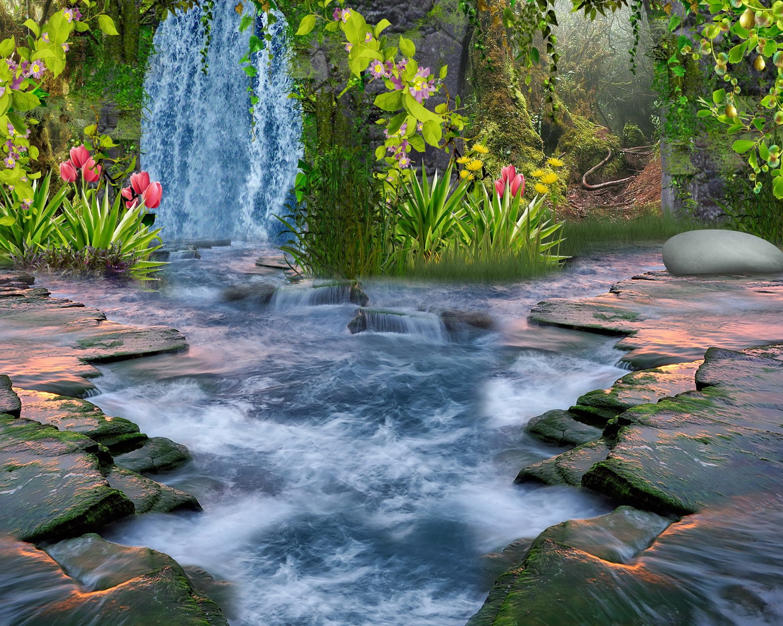 Cascade dans un jardin tropical avec des rochers et des fleurs (nature fantastique, eau)