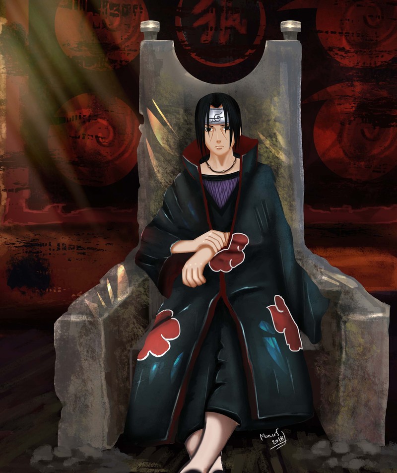 Персонаж аниме, сидящий на троне с мечом в руке (itachi, аниме, anime, манга, manga)