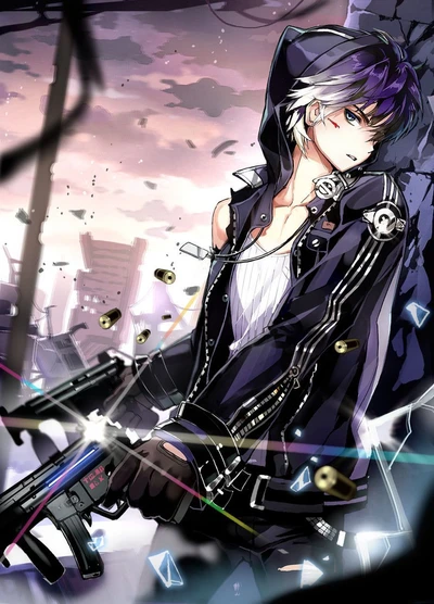 Anime Boy with Gun in Urban Tokyo Setting