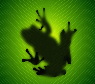 Silhouette d'une grenouille verte sur un fond de feuilles vibrant.