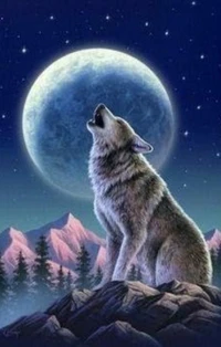 A majestic wolf howls at a luminous full moon, set against a backdrop of mountains and a starry sky.