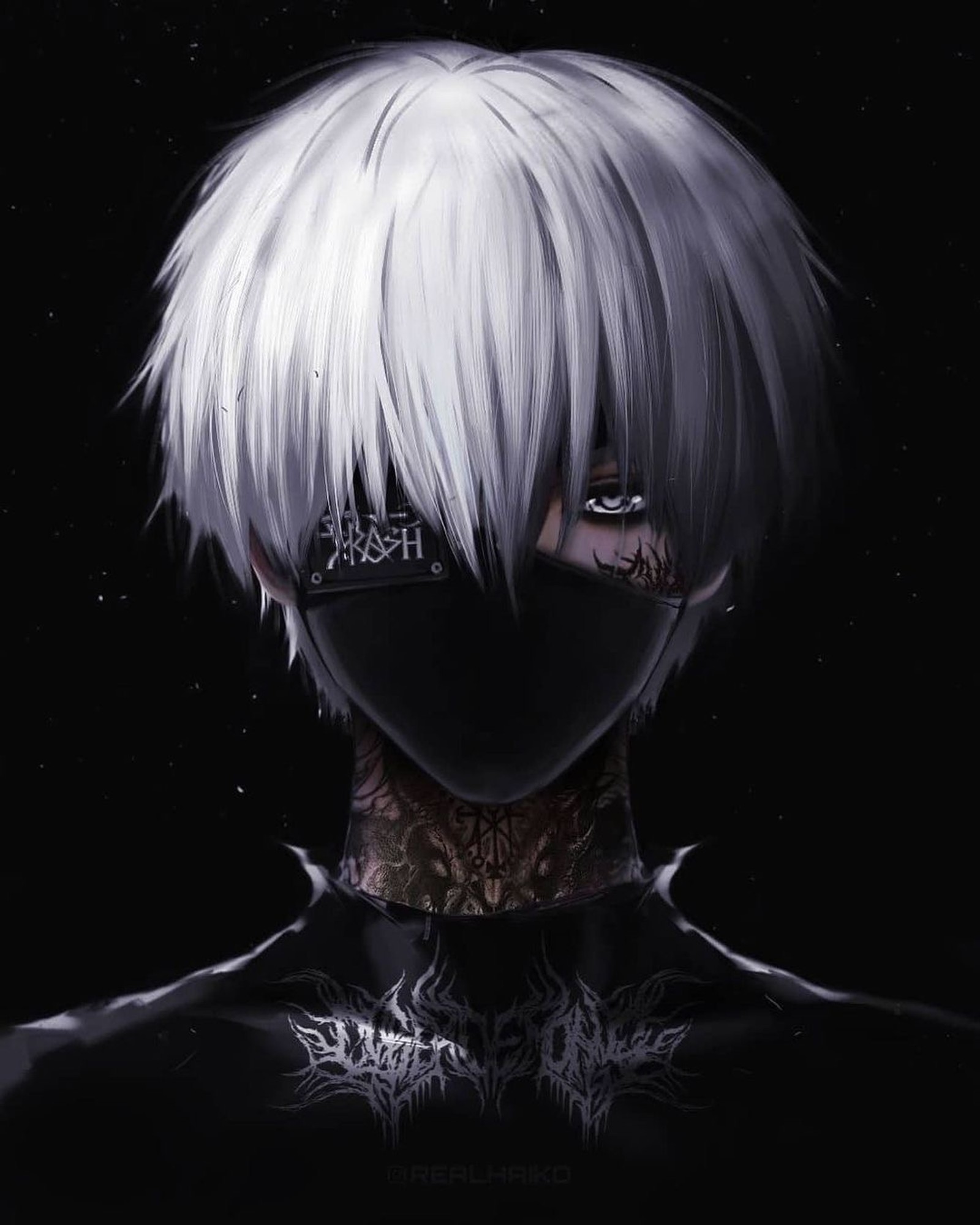 Anime boy with white hair and black mask in dark room (kaneki, kaneki ken, tokyo ghoul)