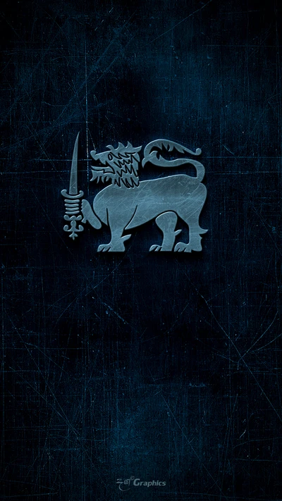 Representación estilizada del emblema del león de Sri Lanka sobre un fondo azul texturizado, simbolizando orgullo y fuerza.