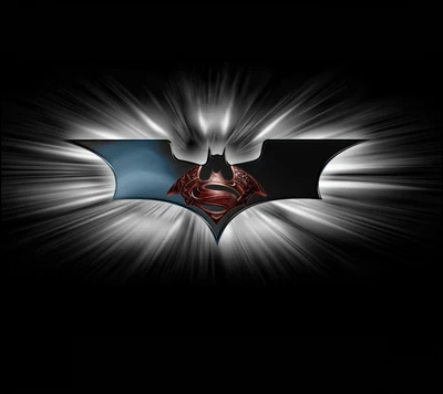 Une fusion frappante des logos de Batman et Superman, sur fond d'une explosion de lumière dramatique, symbolisant la collaboration épique de deux super-héros emblématiques.