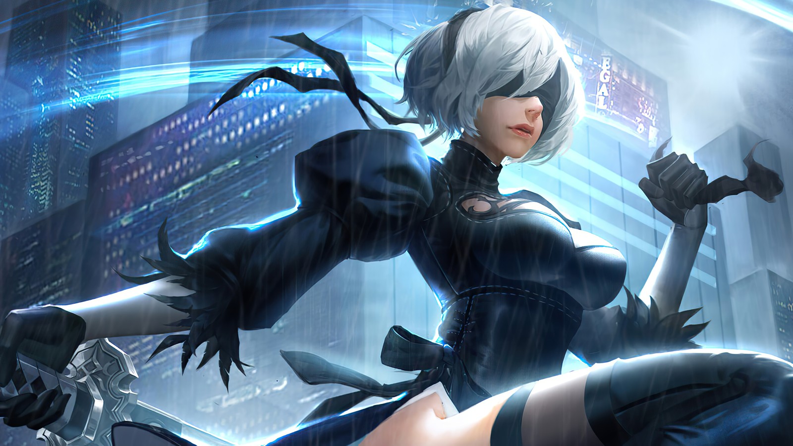 Una mujer con un atuendo negro sosteniendo una espada en una ciudad (yorha 2b, yorha no 2 tipo b, yorha no 2 type b, nier automata, videojuego)