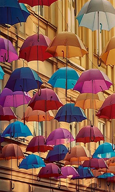 Colorful Umbrellas Creating Canopy of Light and Shelter