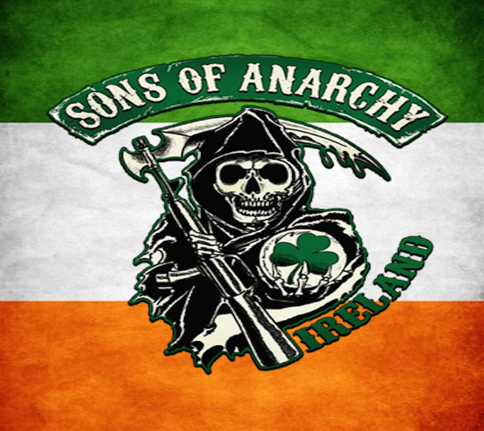 Eine grüne und weiße flagge mit einem totenkopf und einer sense (irland, irisch, motorad, sambel, samcro)