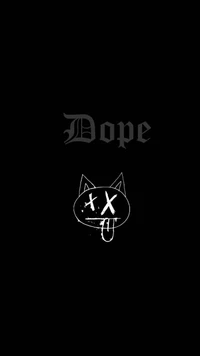 Stilisierte schwarze Katze mit X-Augen und 'Dope'-Typografie