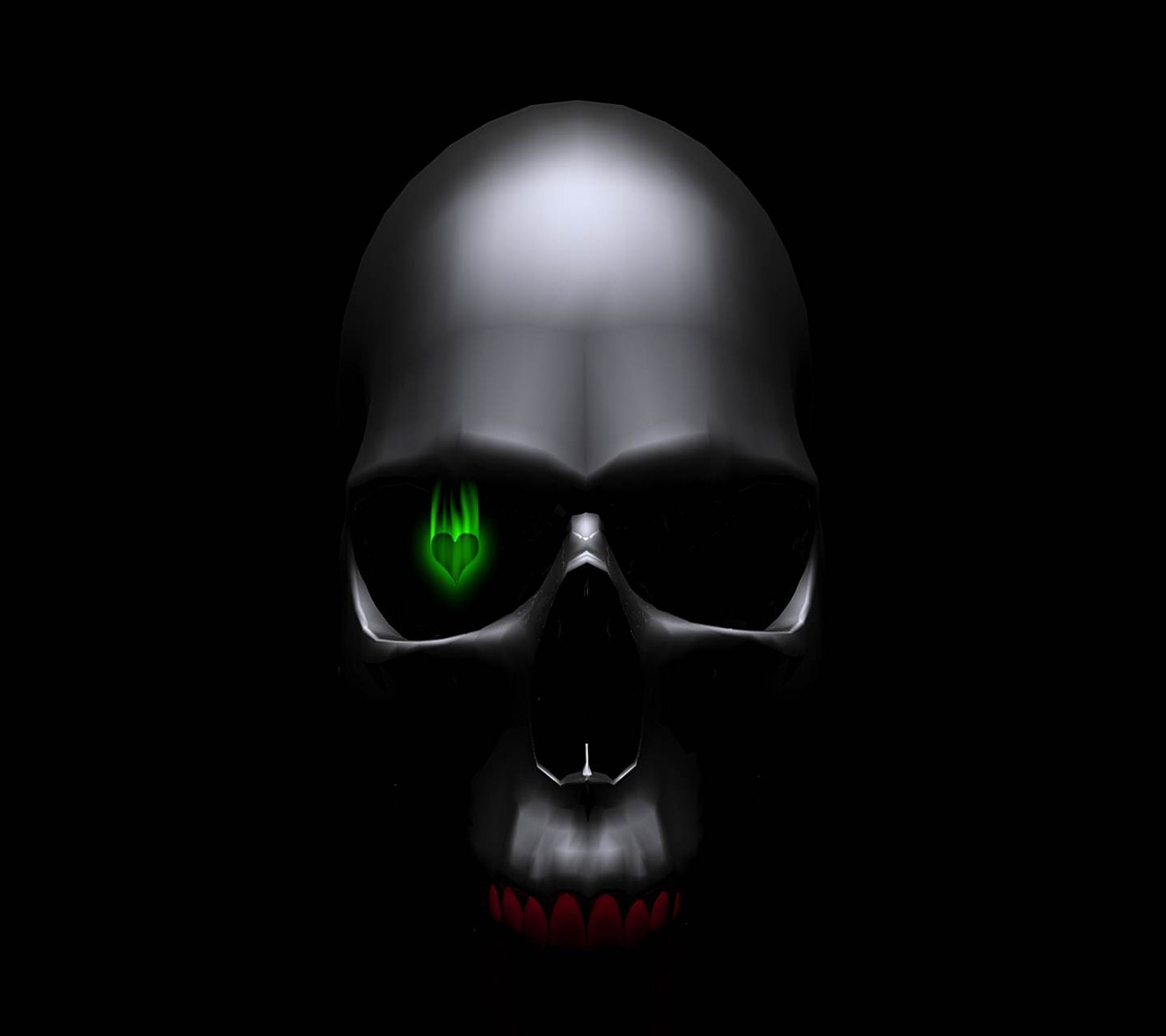 Skull with green eyes and fangs on a black background (dark, green, heart, skull)