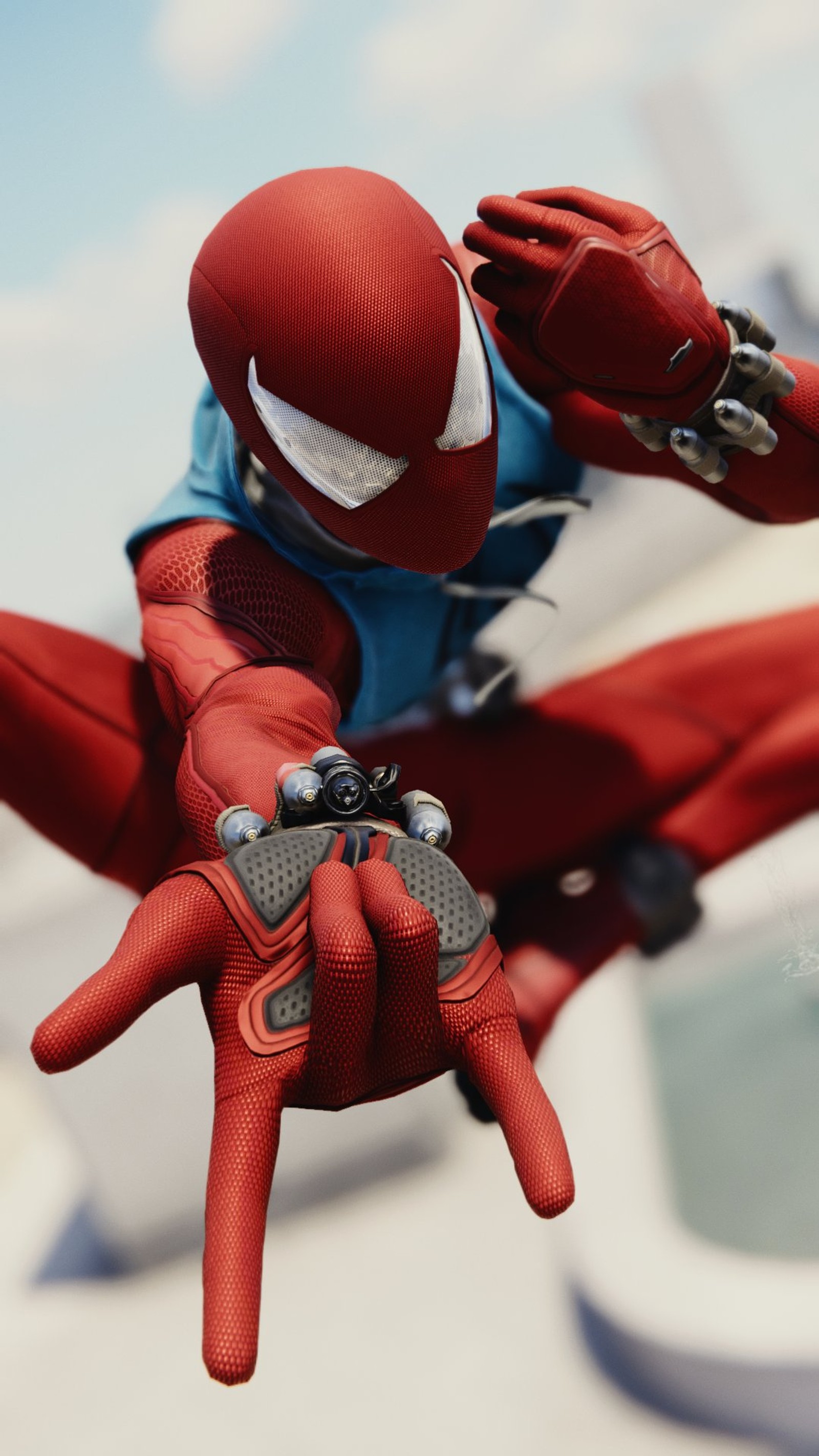 Spider-man en un costume rouge volant dans les airs (spider man, spiderman, spider man ps4, spiderman ps4, scarlett spider)