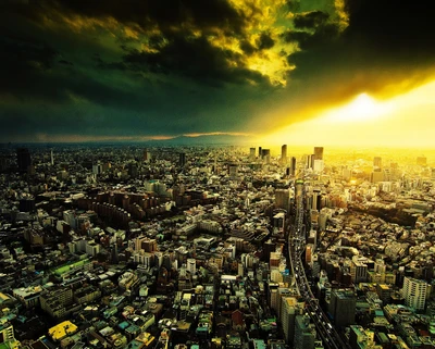 Städtische Skyline bei Dämmerung: Eine Stadt erwacht unter dramatischen Wolken