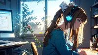 Chica de anime estudiando en silencio con auriculares, bañada en luz natural de una ventana rodeada de plantas.