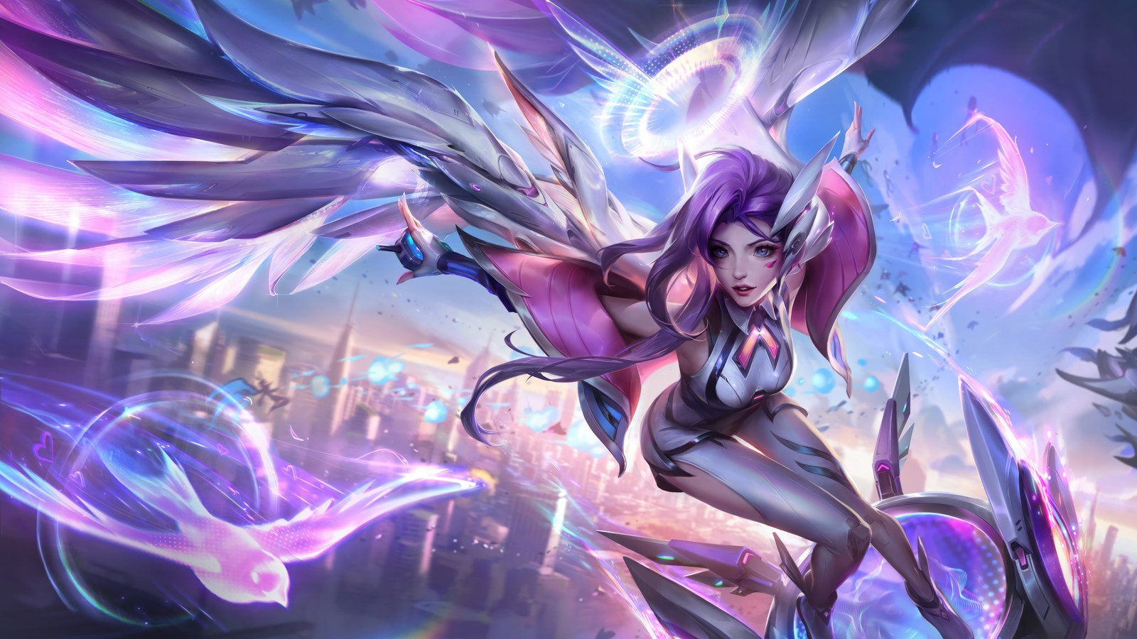 Uma mulher com cabelo longo e asas em um traje roxo (pombo de batalha, seraphine, pele, arte visual, league of legends)