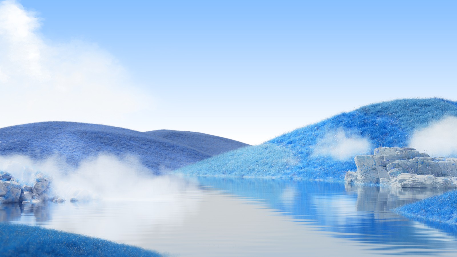 Il y a un lac bleu avec une montagne en arrière-plan (paysage, esthétique bleue, journée, surréalisme, calme)