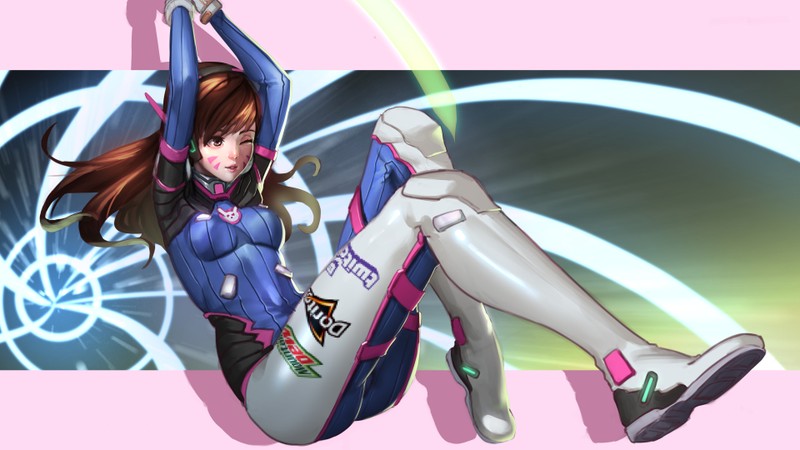 Женщина в синем и белом наряде сидит на розовой поверхности (dva, overwatch, видеоигра)