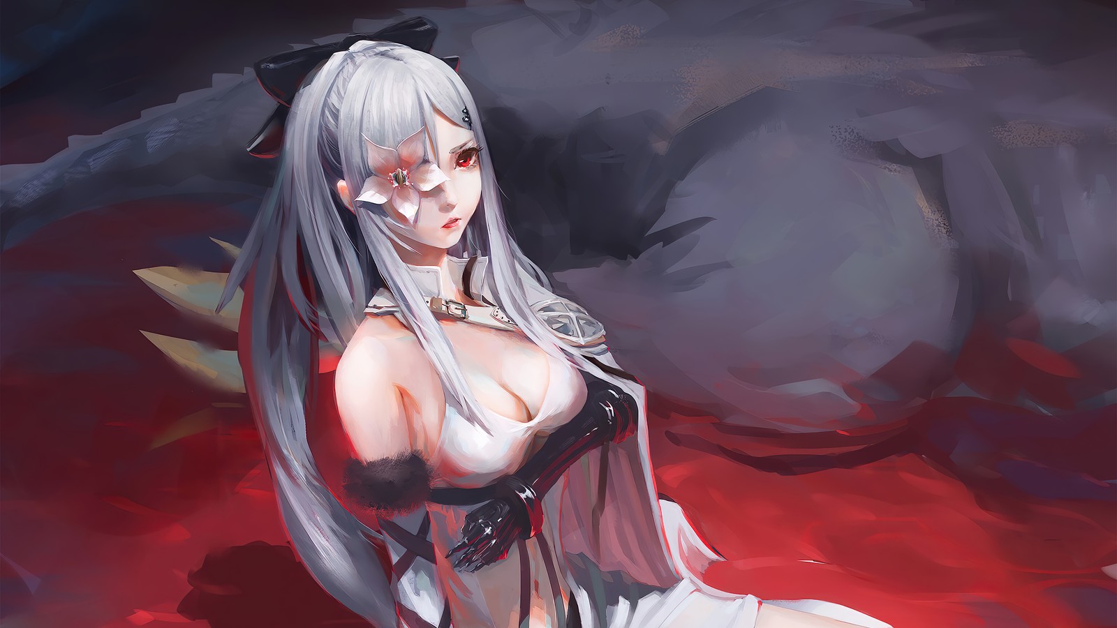 Una pintura de una mujer con cabello largo y un vestido blanco (anime, chicas, fantasía)