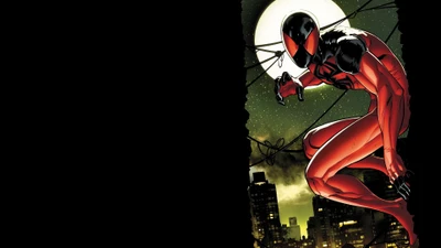 Scarlet Spider dans une pose urbaine dynamique sous la lumière de la lune