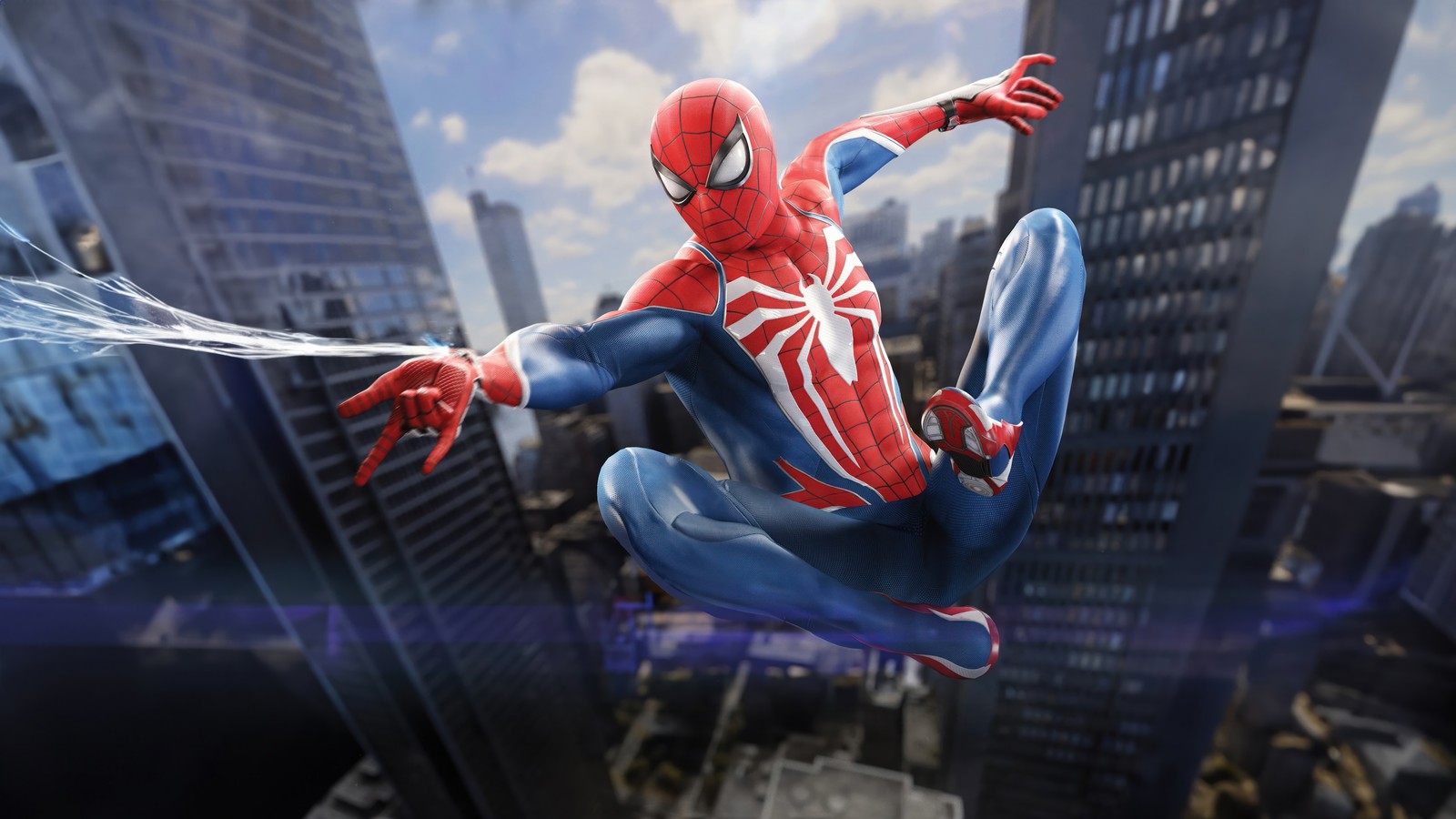 Spider-man volant dans les airs devant une ville (spider man, spiderman, tir web, marvel spider man 2, marvels spider man 2)