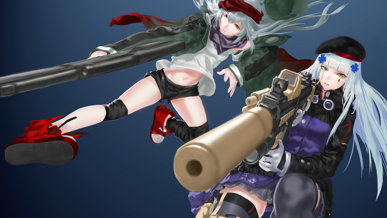 Personnages d'anime avec des armes et des chapeaux sur un fond bleu (anime, girls frontline, jeu vidéo, hk416, g11)