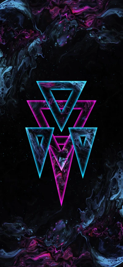 Symmetrical Triangles in Electric Blue and Magenta on a Cosmic Background