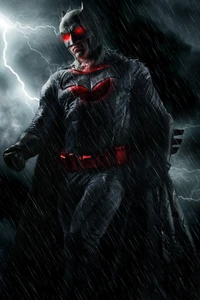 Dark Knight in the Storm: Batman Cosplay with Glowing Red Emblems