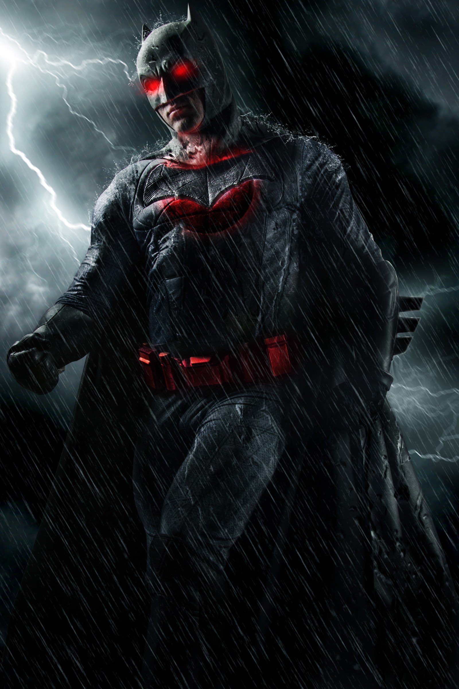 Batman sous la pluie avec des yeux rouges et une cape rouge (batman, dc comics, super héros dc, dc superheroes, sombre)