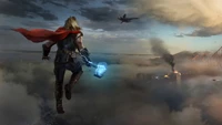 Thor, o Deus do Trovão, salta para a ação com Mjolnir, observando uma cena de batalha dramática.