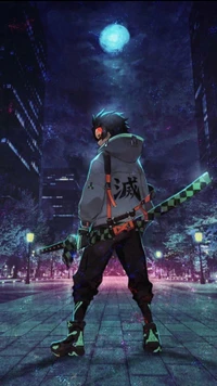 Personnage d'anime dynamique contre un paysage urbain mystique