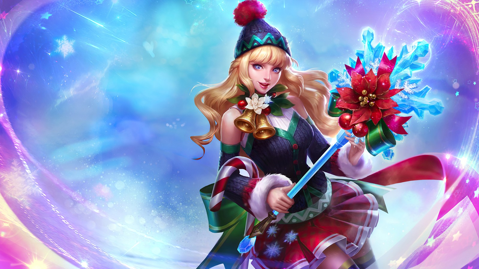 Une femme en tenue de noël tient une fleur et une épée (odette, carnaval de noël, peau, mobile legends, bang bang)