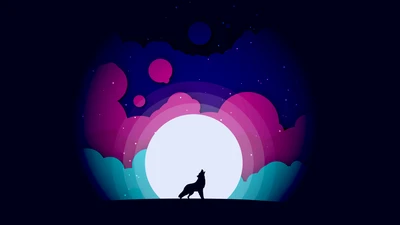 Silhouette of a Howling Wolf Against a Colorful Moonlit Sky