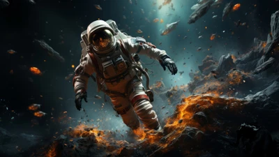 An Astronaut Exploring a Fiery Asteroid Field in Space