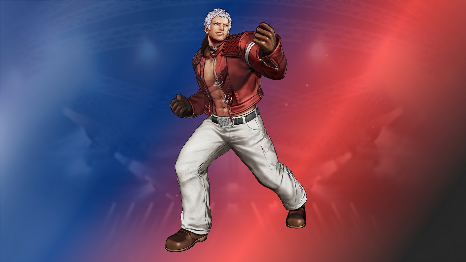 Un primer plano de una persona con chaqueta roja y pantalones blancos (yashiro nanakase, the king of fighters xv, kof 15, videojuego)