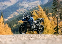 Moto Triumph Tiger 1200 Adventure 2022 dans un paysage automnal pittoresque